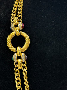 Gold Tone Double Link Chain Necklace with Cabochons and Rhinestones 80's
