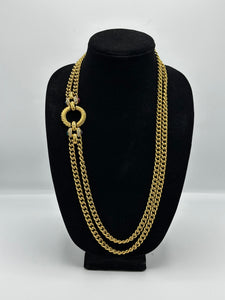 Gold Tone Double Link Chain Necklace with Cabochons and Rhinestones 80's